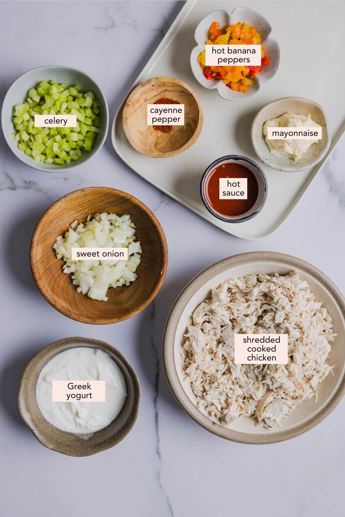 Ingredients for spicy chicken salad are text labeled.