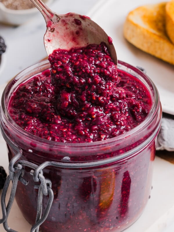 Blackberry chia jam in a mason jar.