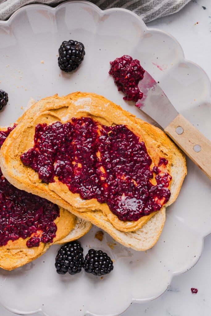 Blackberry chia jam on peanut butter toast.