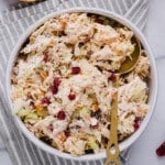 Cape cod chicken salad in a white bowl.