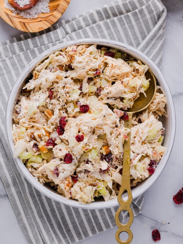 Cape cod chicken salad in a white bowl.