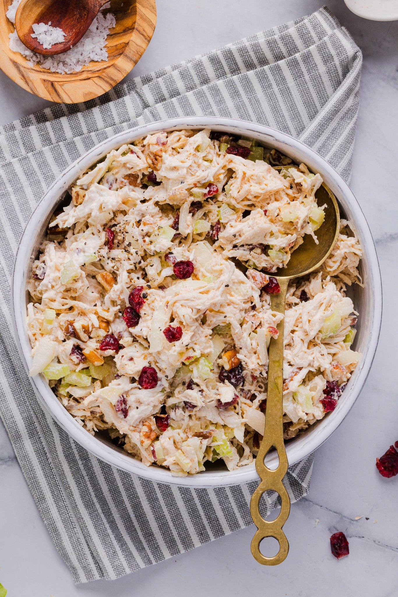 Cape cod chicken salad in a white bowl.