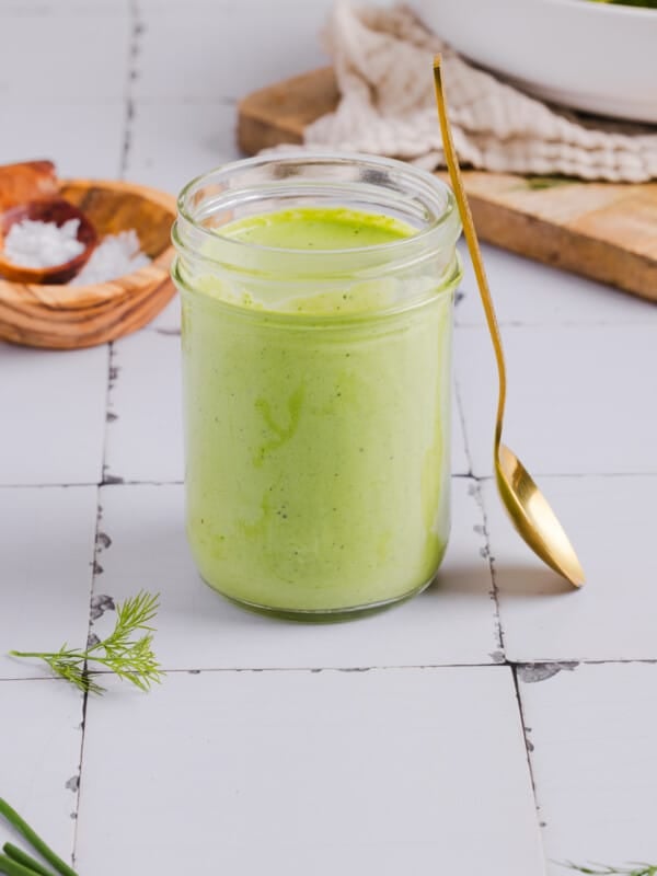 Poblano ranch dressing in a mason jar.