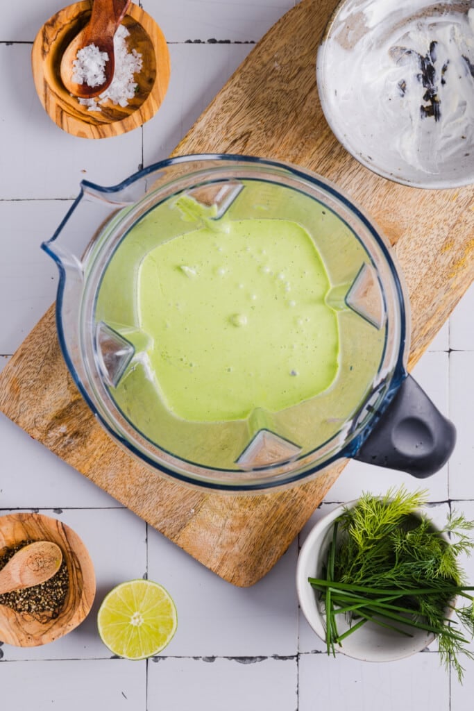 Poblano ranch dressing blended in a blender.