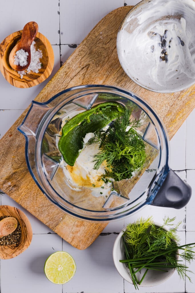 Poblano ranch dressing ingredients in a blender.
