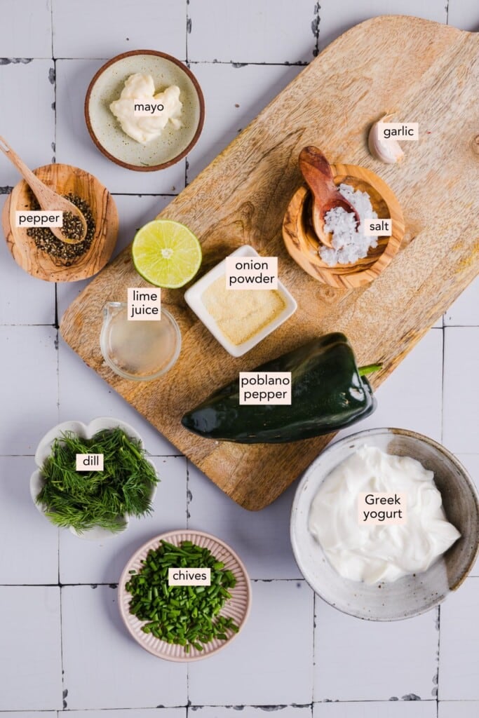 Poblano ranch dressing ingredients on a countertop with labels.