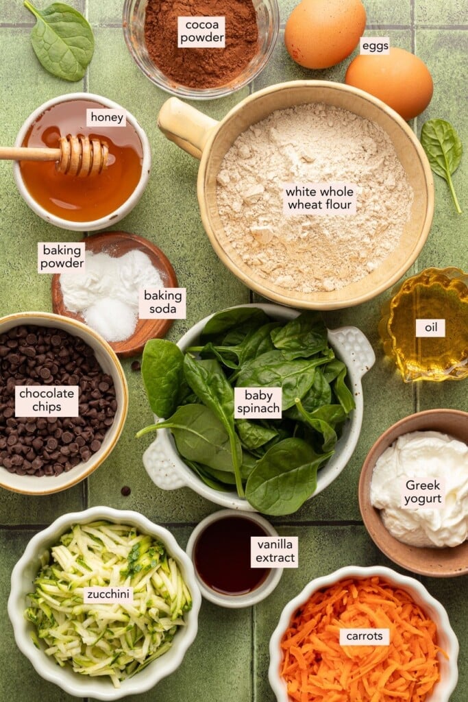 Chocolate veggie muffin ingredients on a countertop with labels.