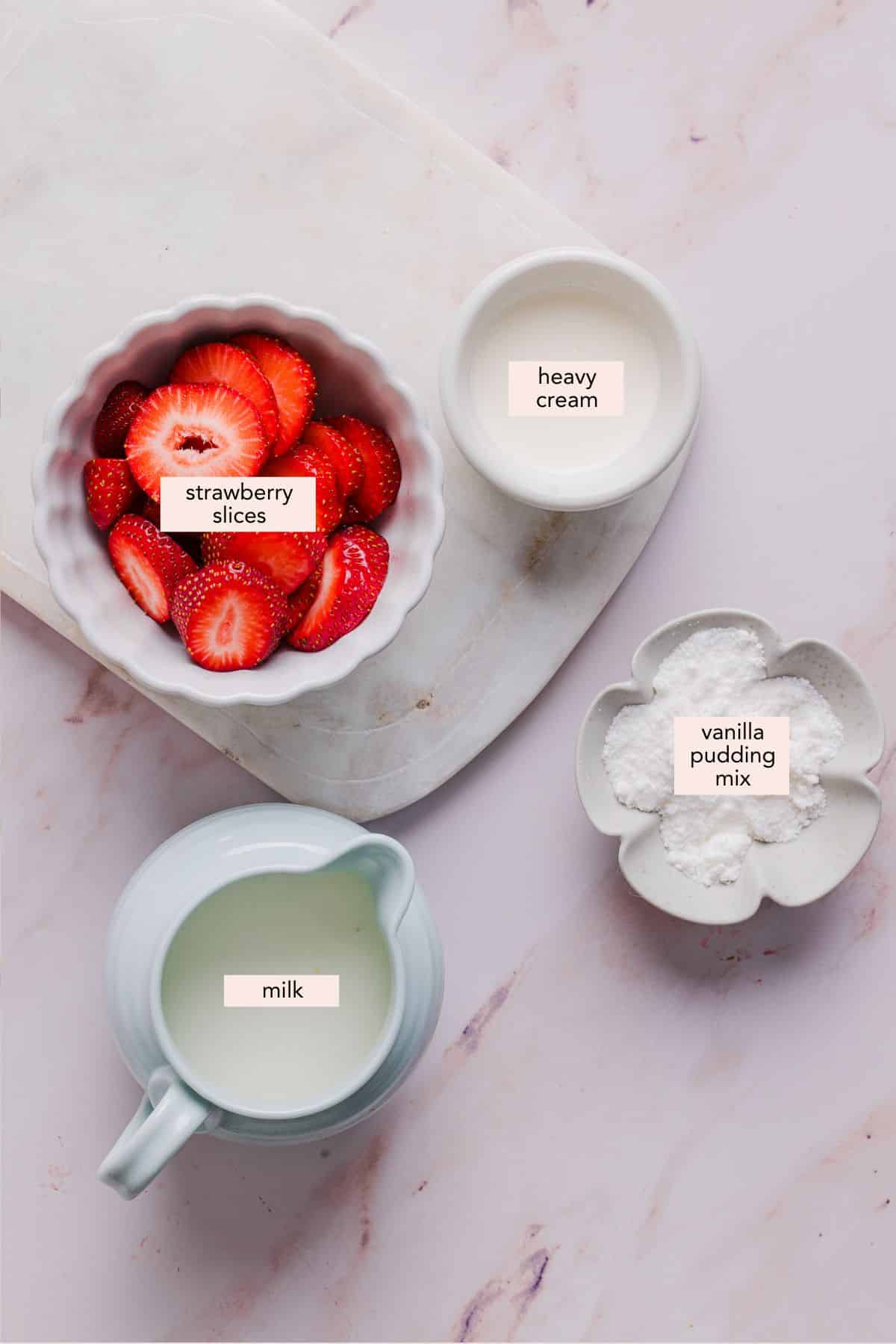 Labeled ingredients for strawberry ice cream.