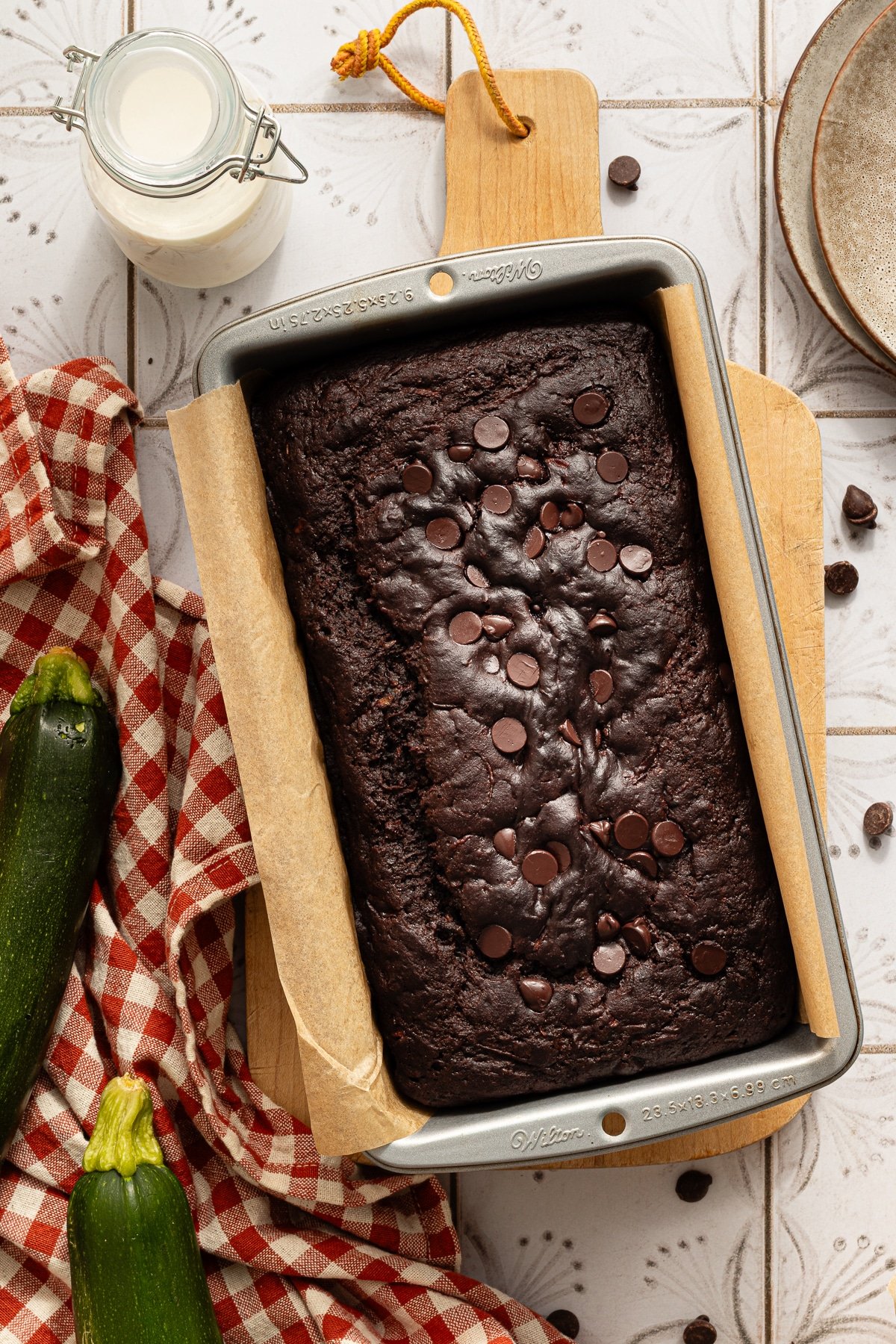 Healthy chocolate zucchini bread baked in a loaf pan.