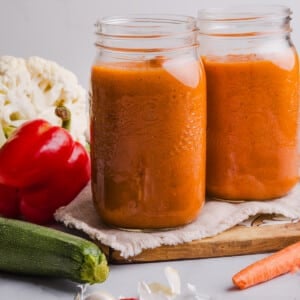 Hidden veggie pasta sauce in mason jars.
