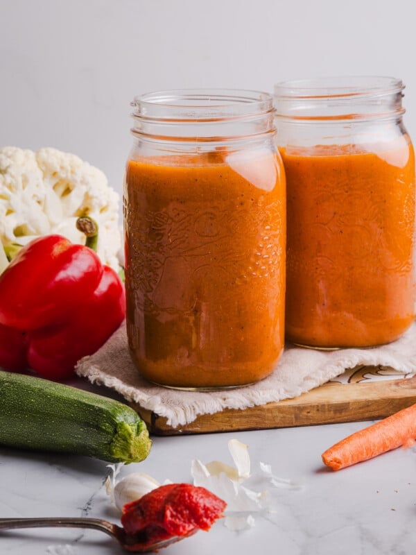 Hidden veggie pasta sauce in mason jars.