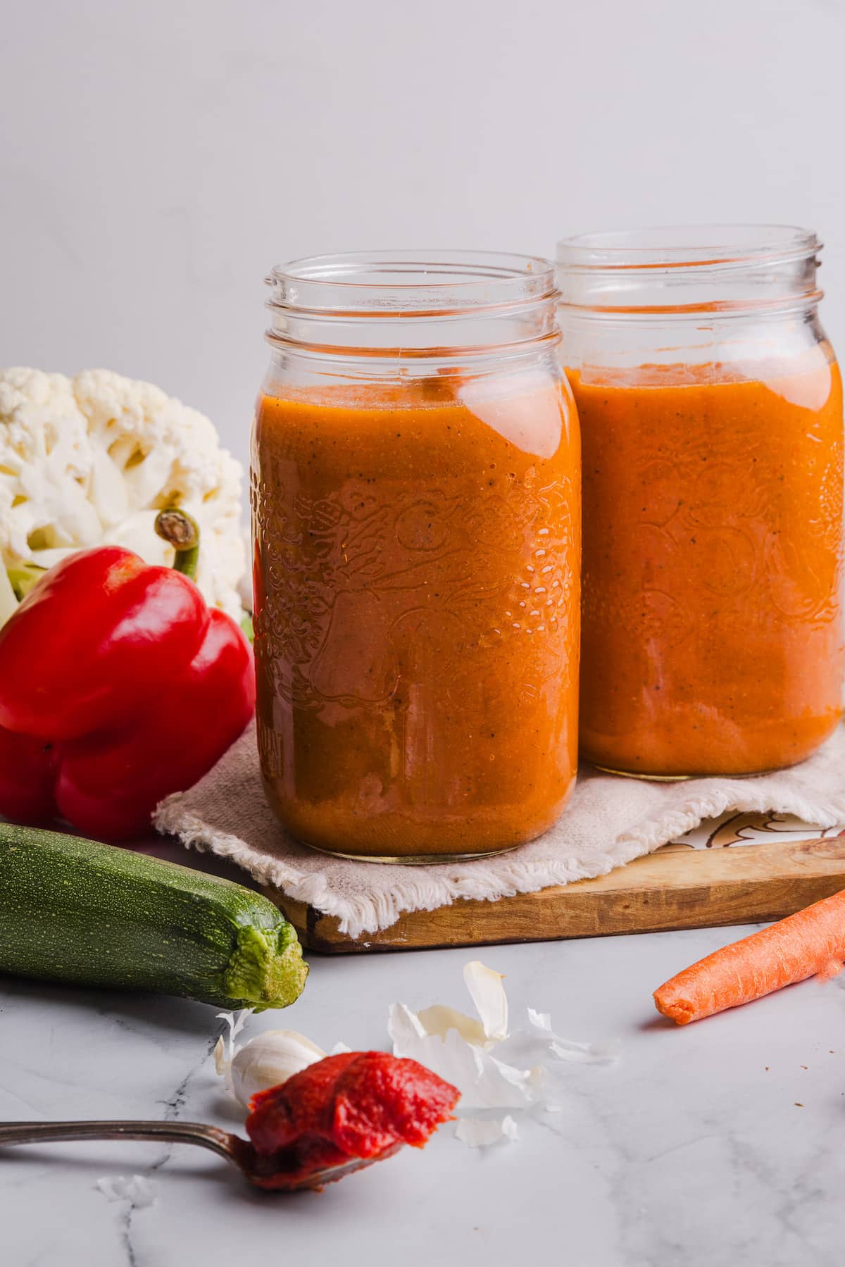 Hidden veggie pasta sauce in mason jars.
