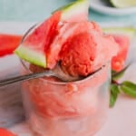 A spoon taking a scoop from a serving of watermelon sorbet.