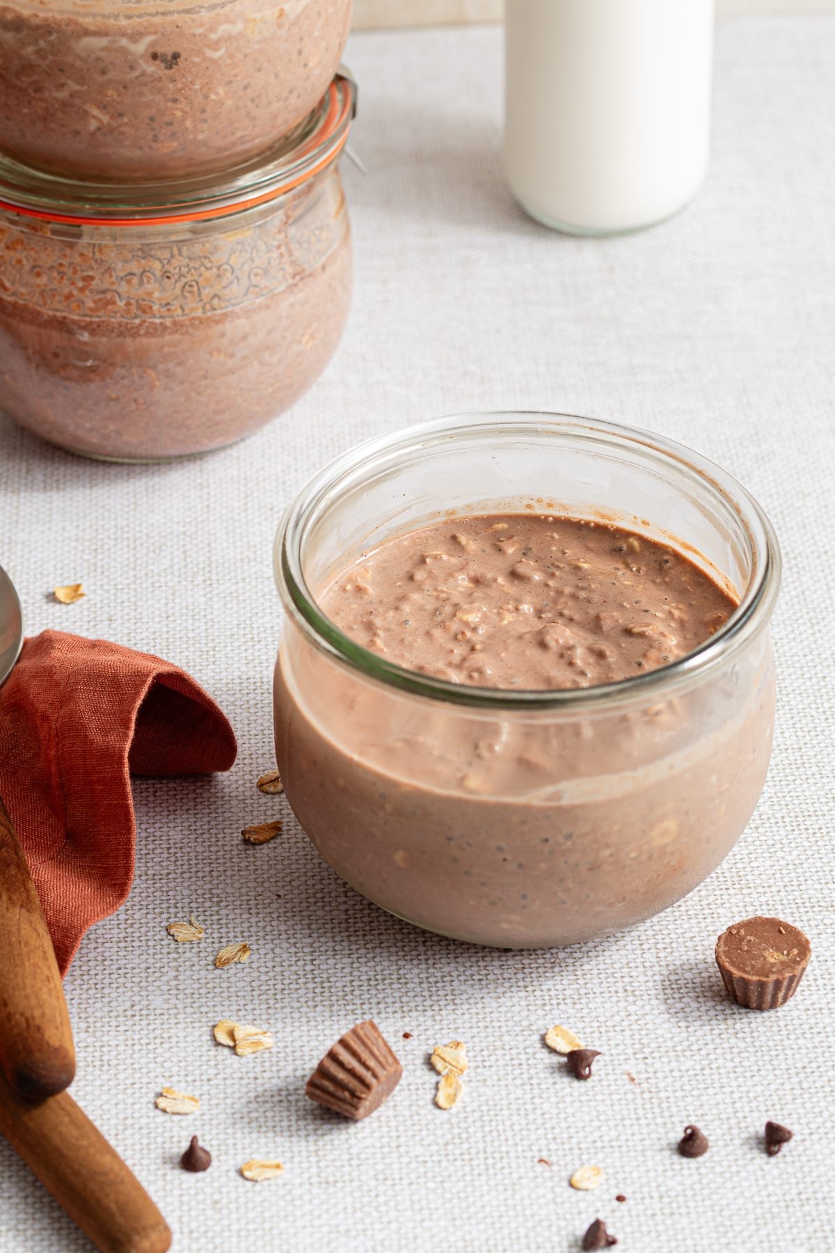 Chocolate peanut butter overnight oats in a jar.