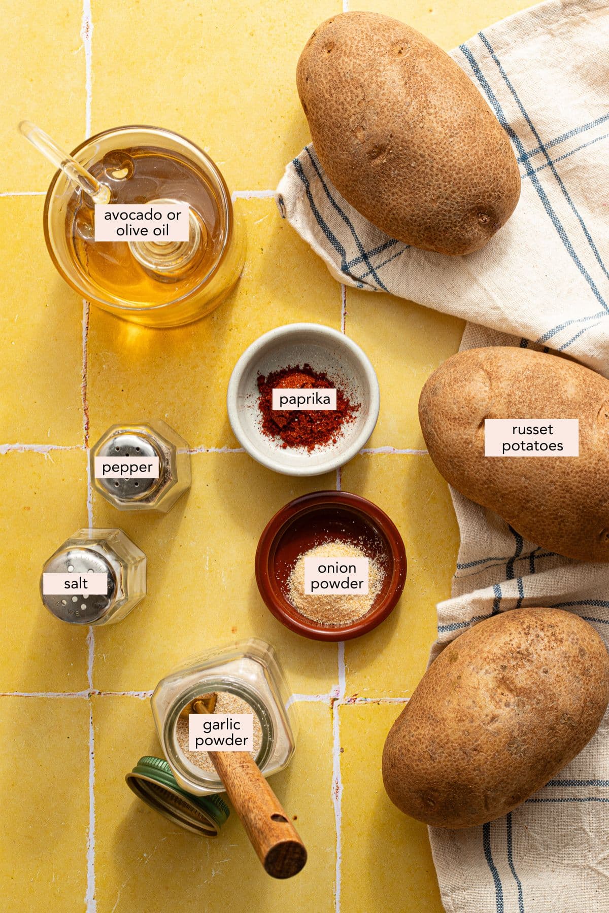 Labeled ingredients for air fryer potato wedges.
