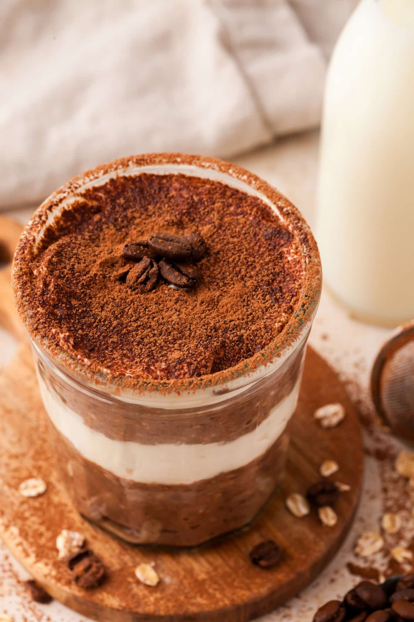 Based on the Italian coffee-infused dessert, these tiramisu overnight oats are a delicious, surprisingly nutritious way to start the day. Overhead image of tiramisu overnight oats.
