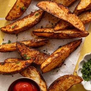Overhead image of crispy potato wedges with ketchup.