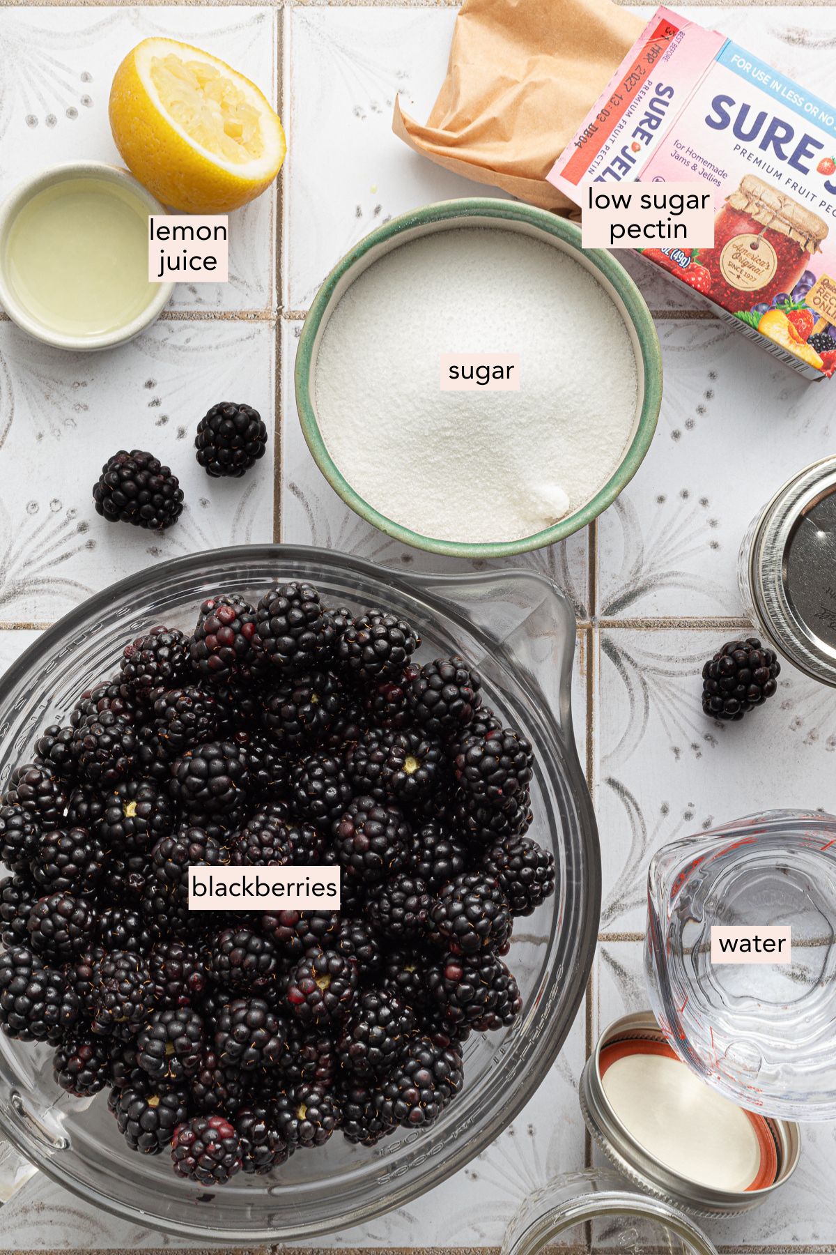 Ingredients for low sugar blackberry freezer jam on a countertop with labels.