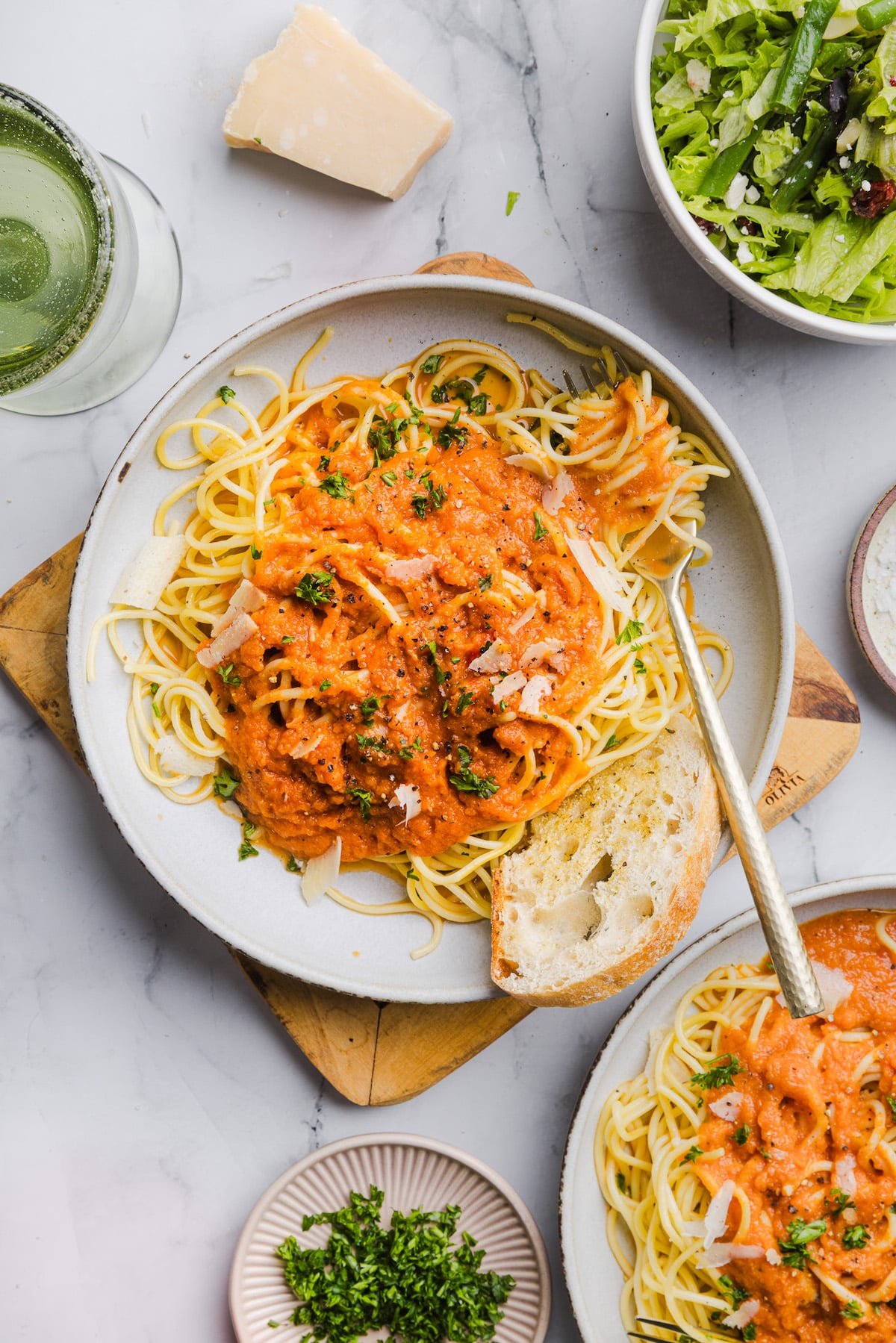 Hidden veggie pasta sauce on noodles with parmesan cheese and herbs.
