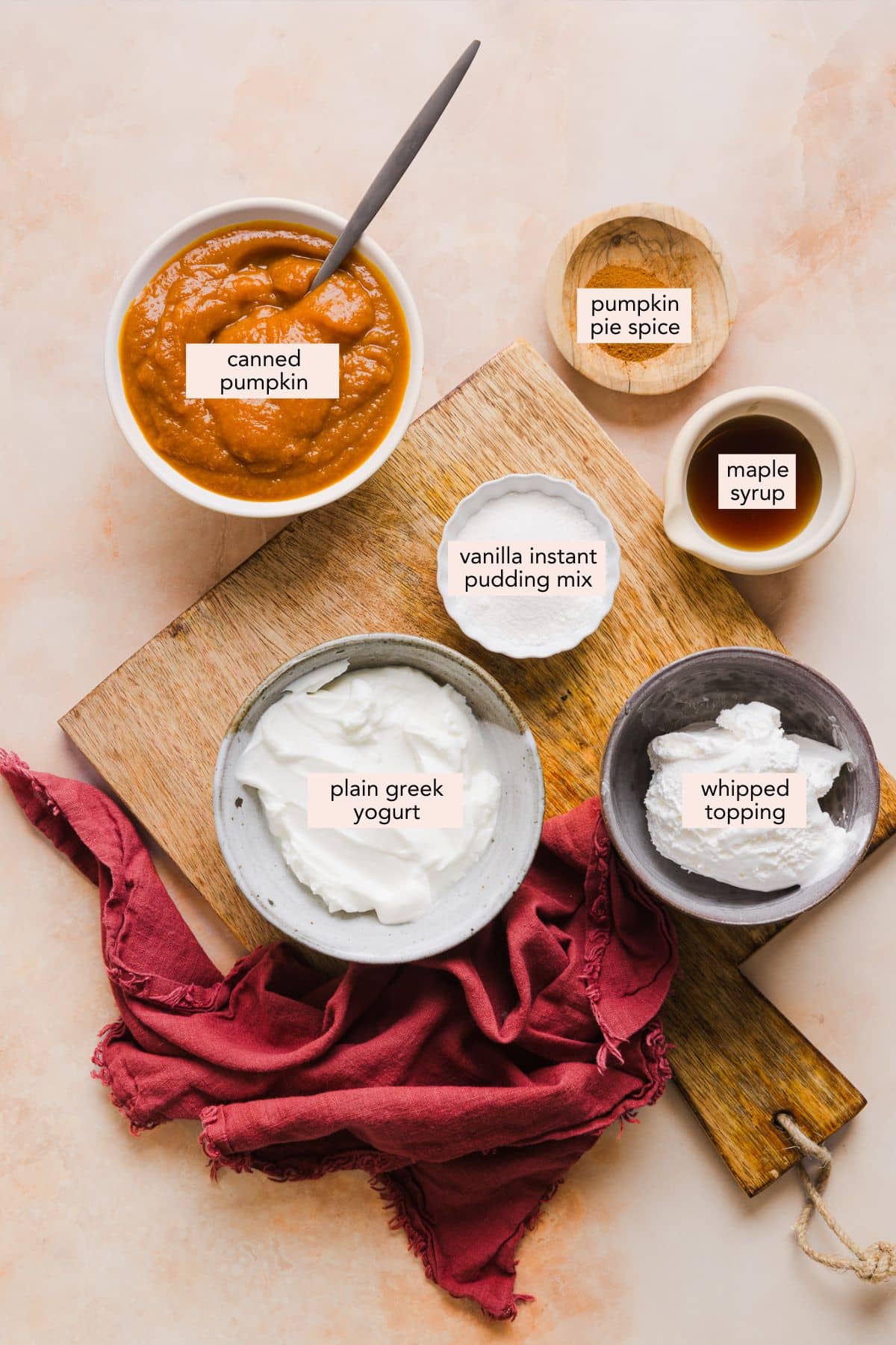 Labeled ingredients for pumpkin fluff.