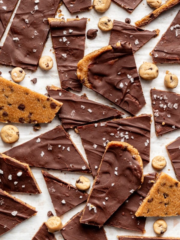 Cookie dough bark slices on a countertop.