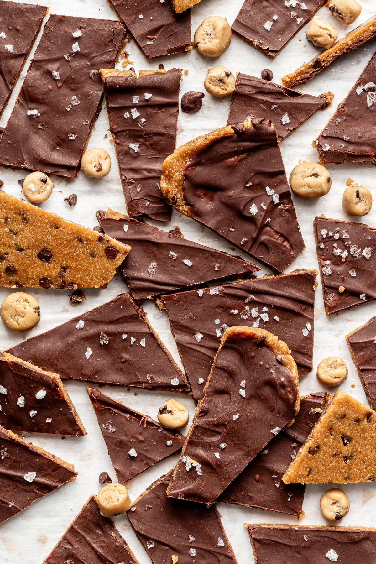 Cookie dough bark slices on a countertop.
