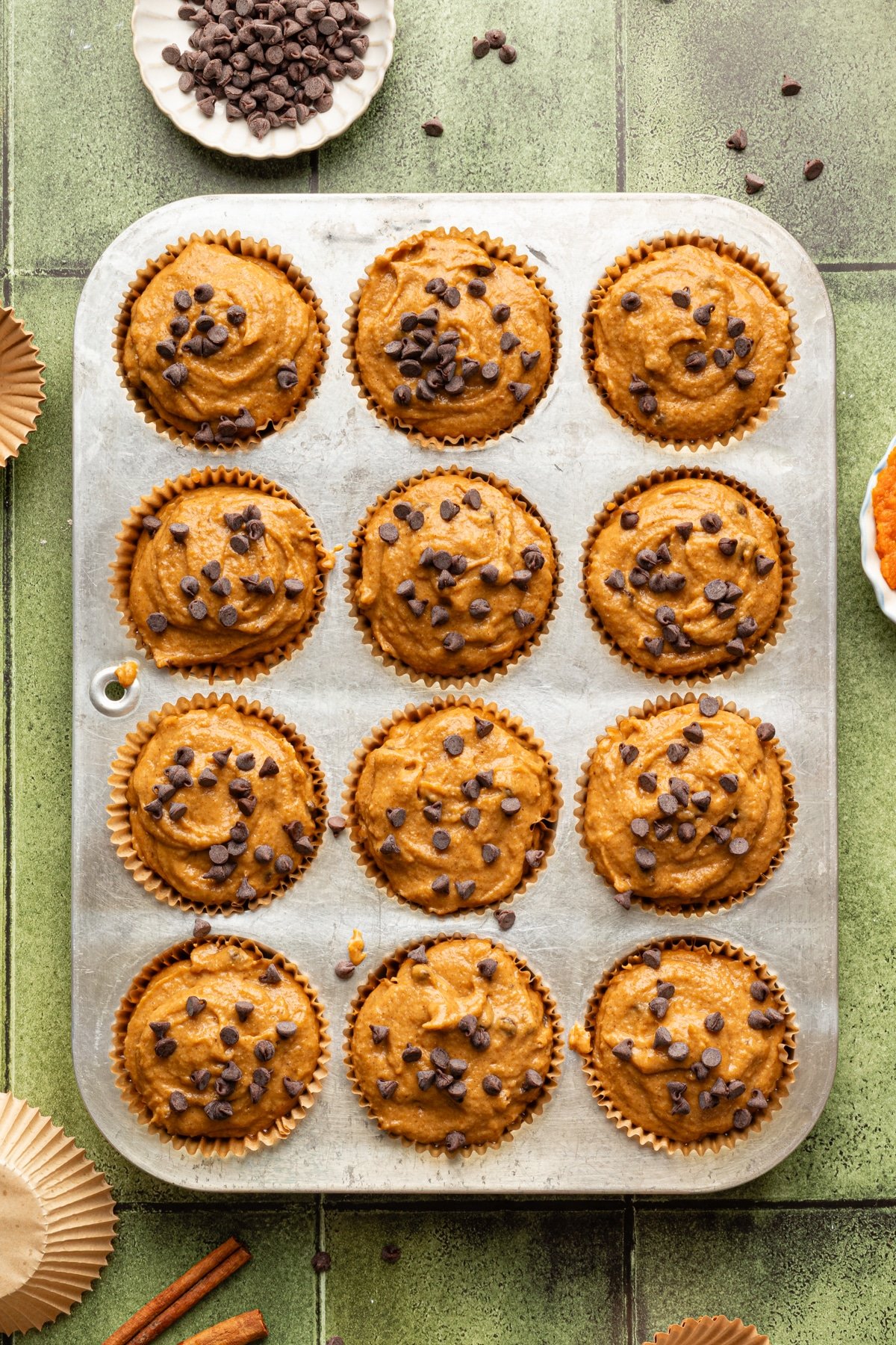 Cottage cheese muffin batter in a muffin pan.