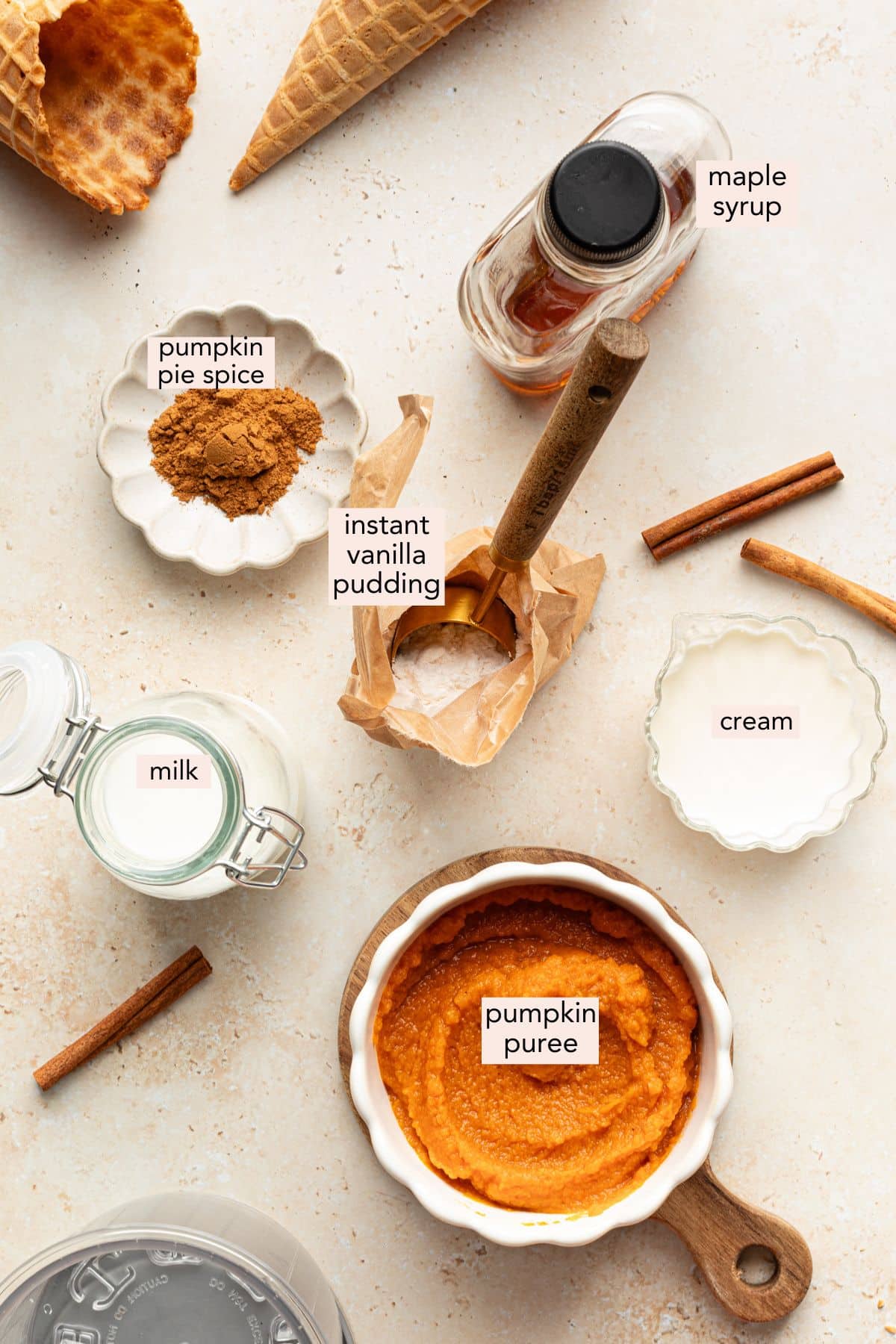 Ingredients for ninja creami pumpkin ice cream on a countertop with labels.