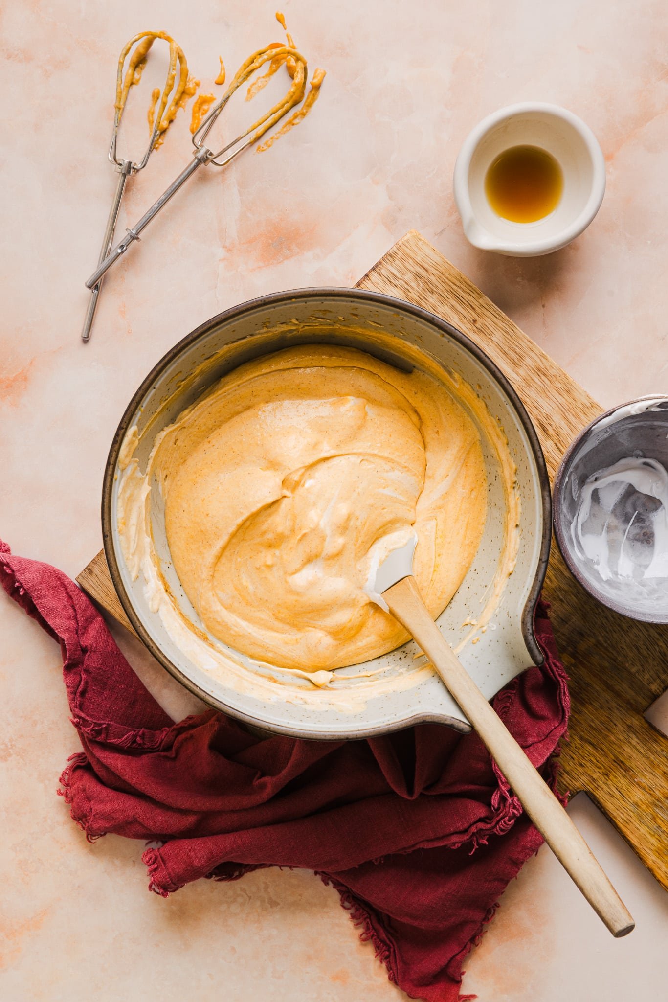 Pumpkin spice fluff in a mixing bowl.