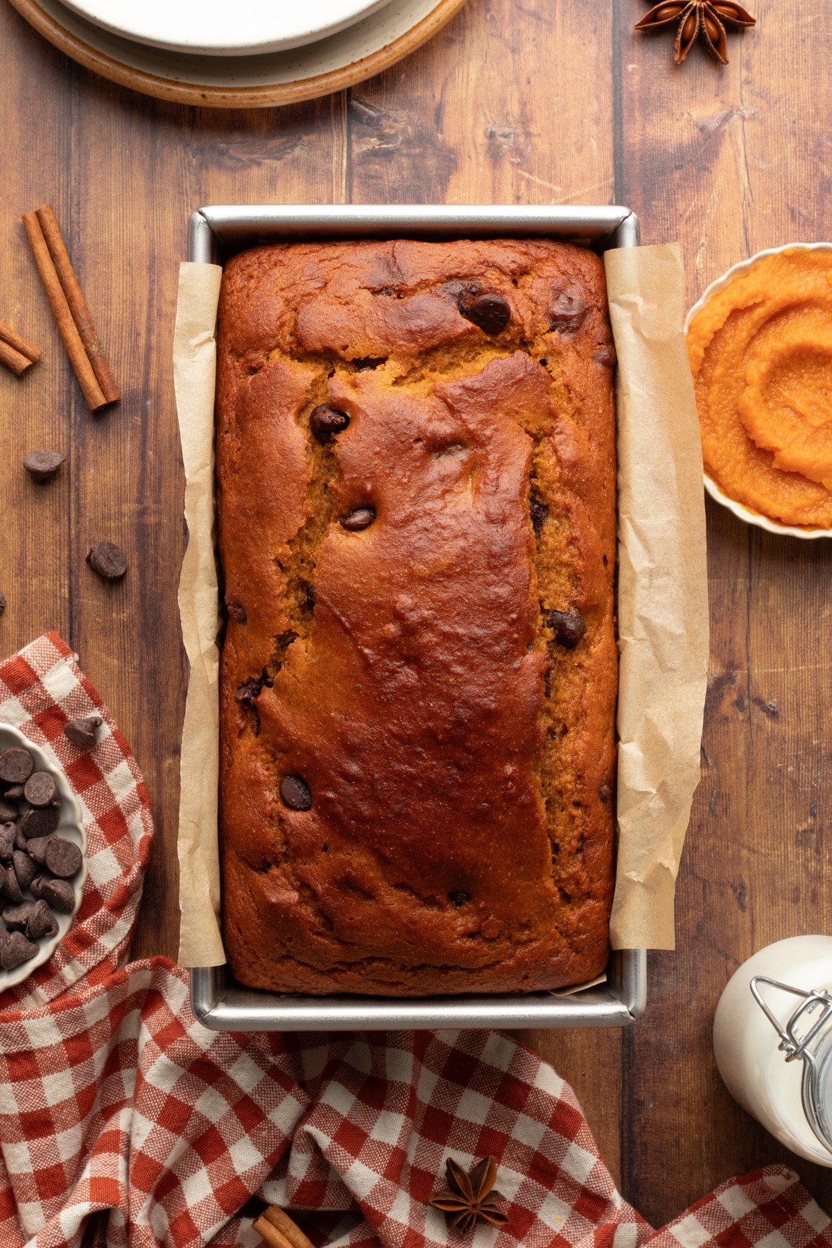 Pumpkin protein bread baked in a loaf pan.