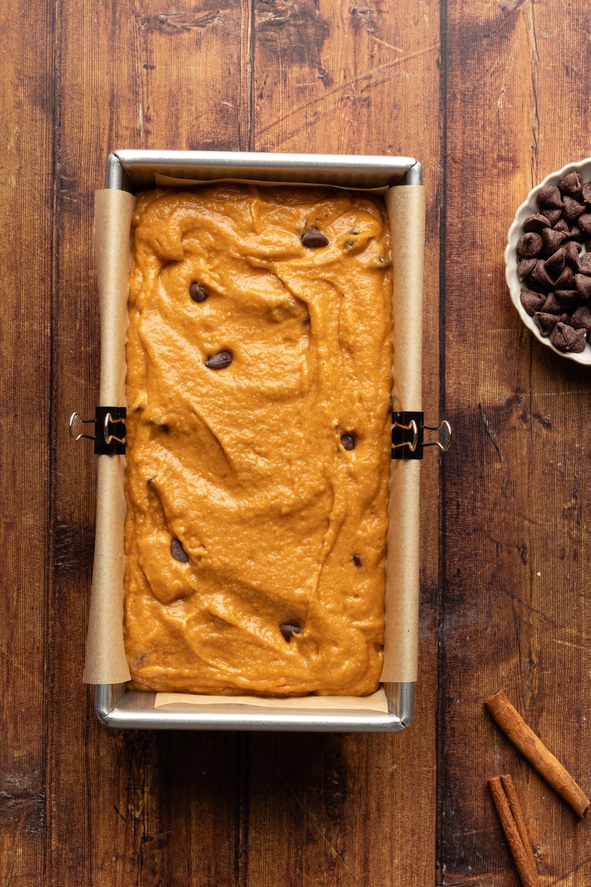 Pumpkin protein bread batter in a loaf pan.