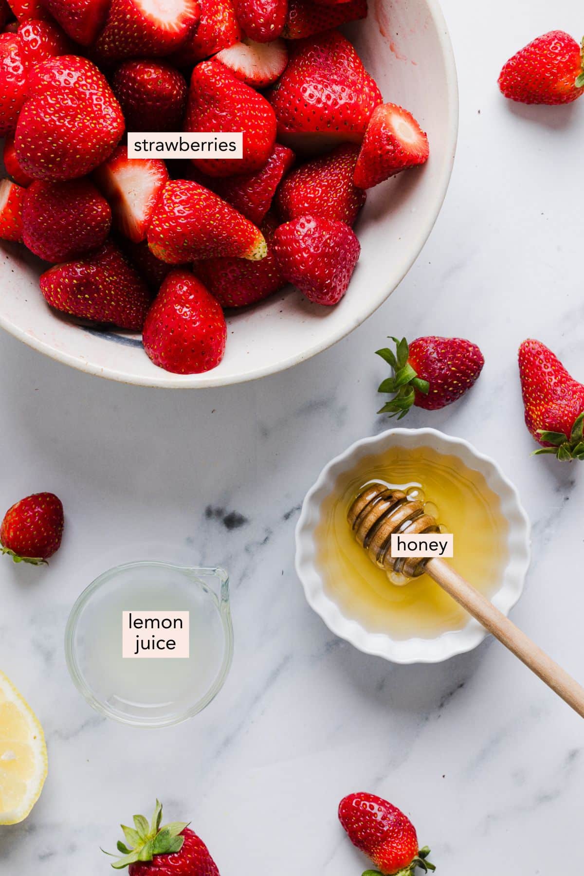 Ingredients for Ninja Creami strawberry sorbet on a countertop with labels.