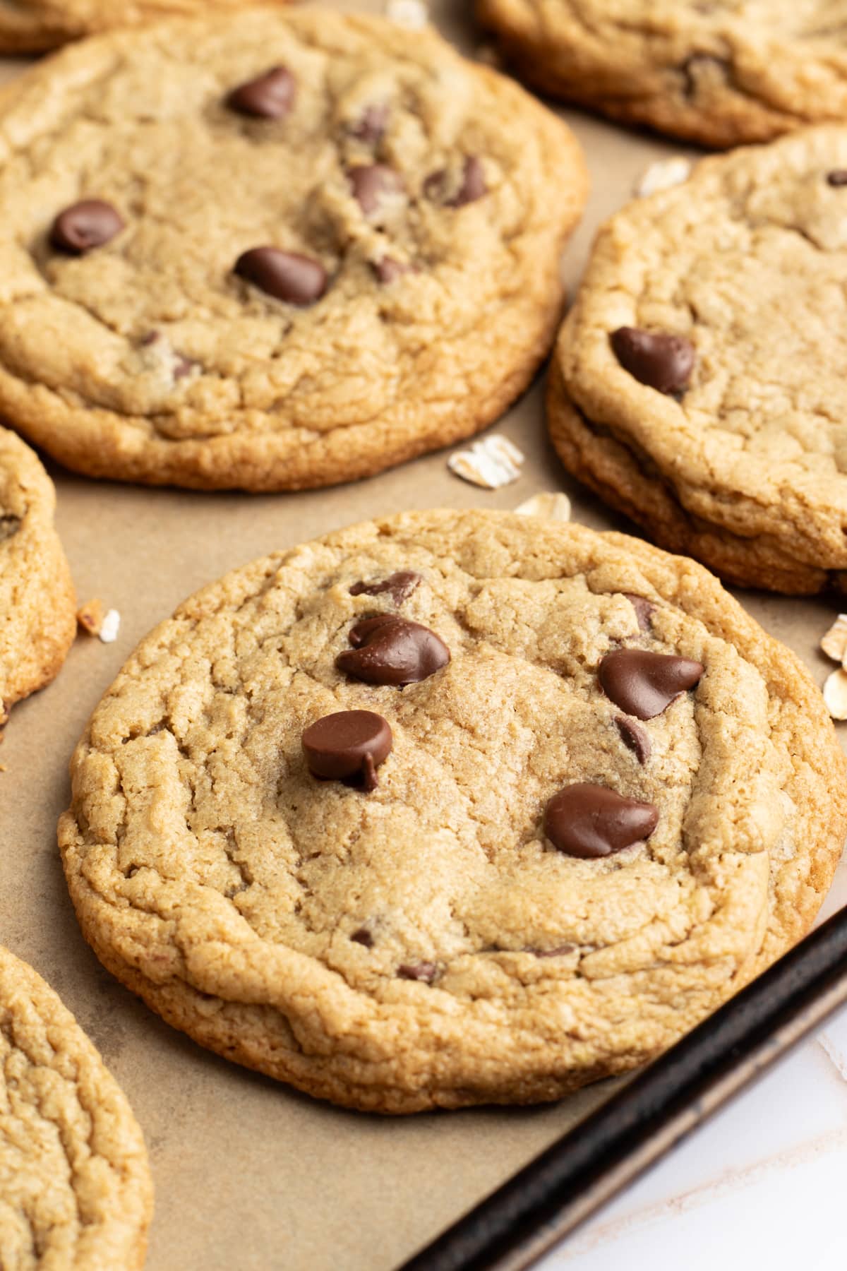 A baked oat flour chocolate chip cookie.