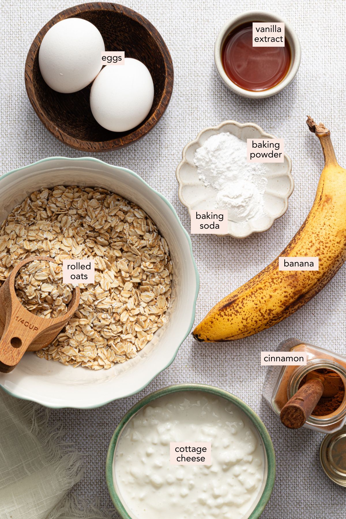 Ingredients for banana cottage cheese pancakes on a countertop with labels.