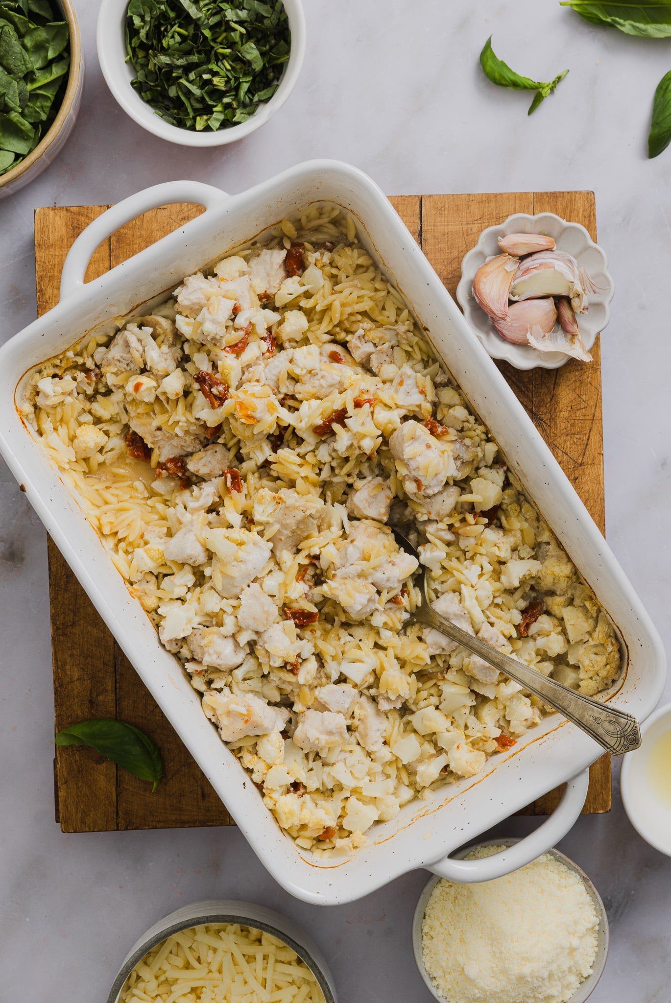Chicken orzo bake after being baked in the oven.