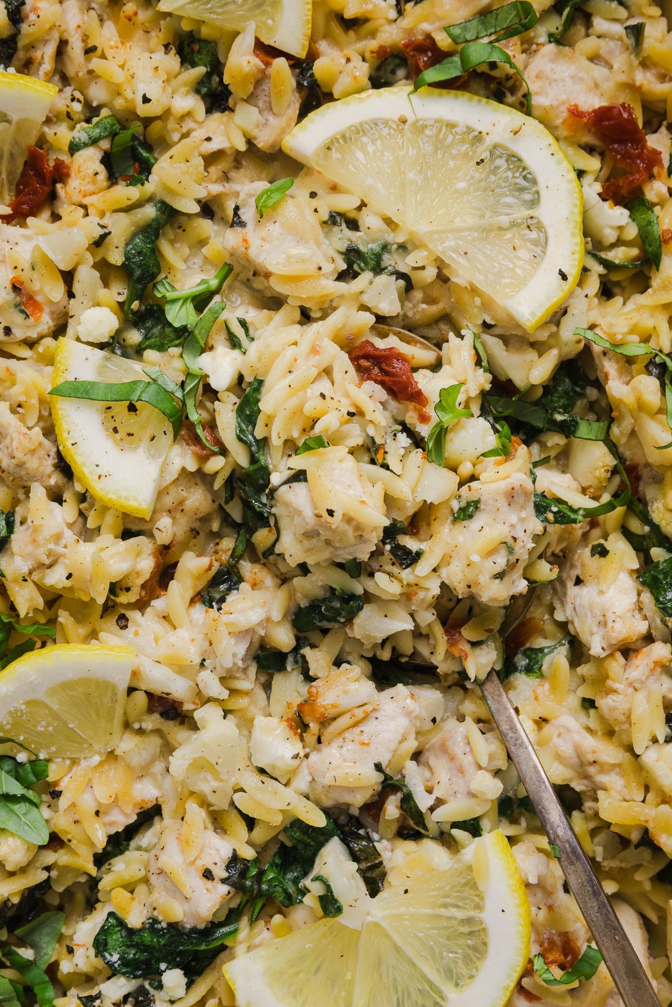 A close up shot of chicken orzo bake garnished with lemons.