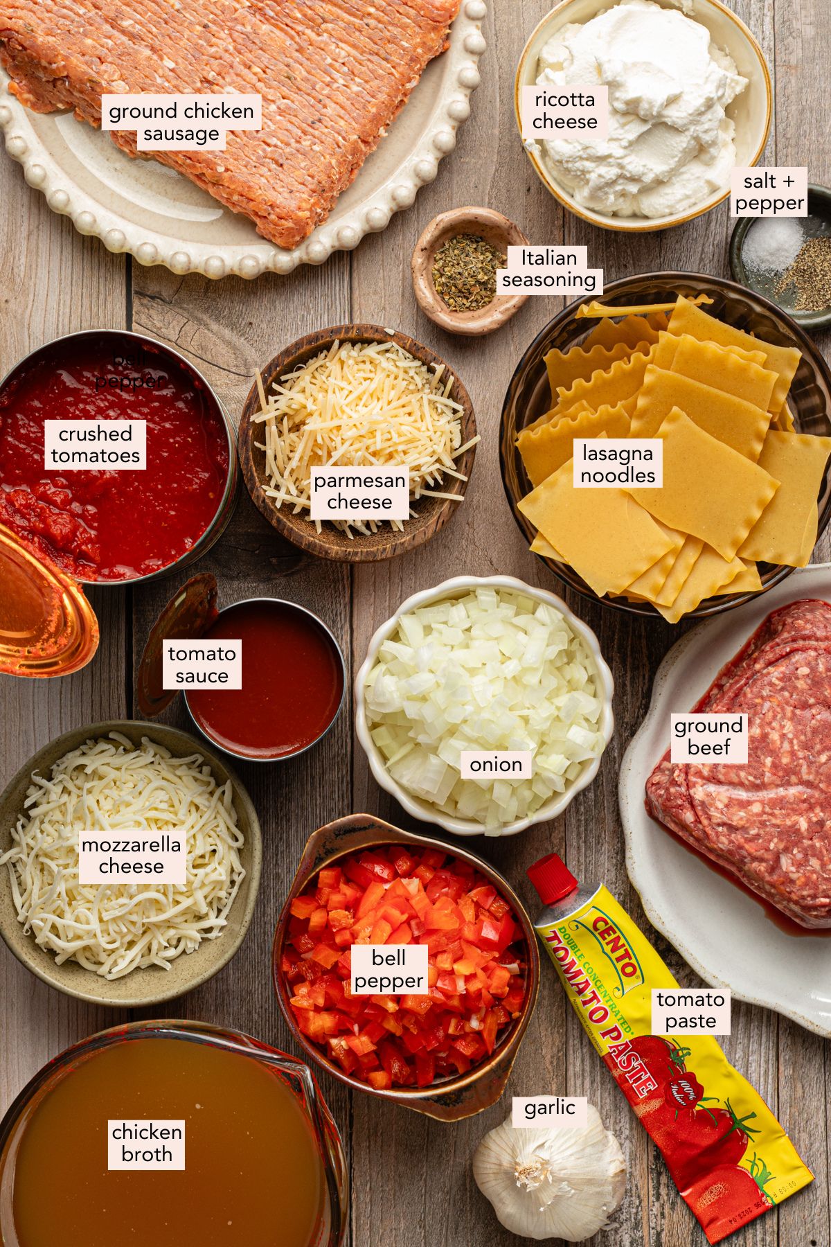 High protein lasagna soup ingredients in individual bowls with labels.