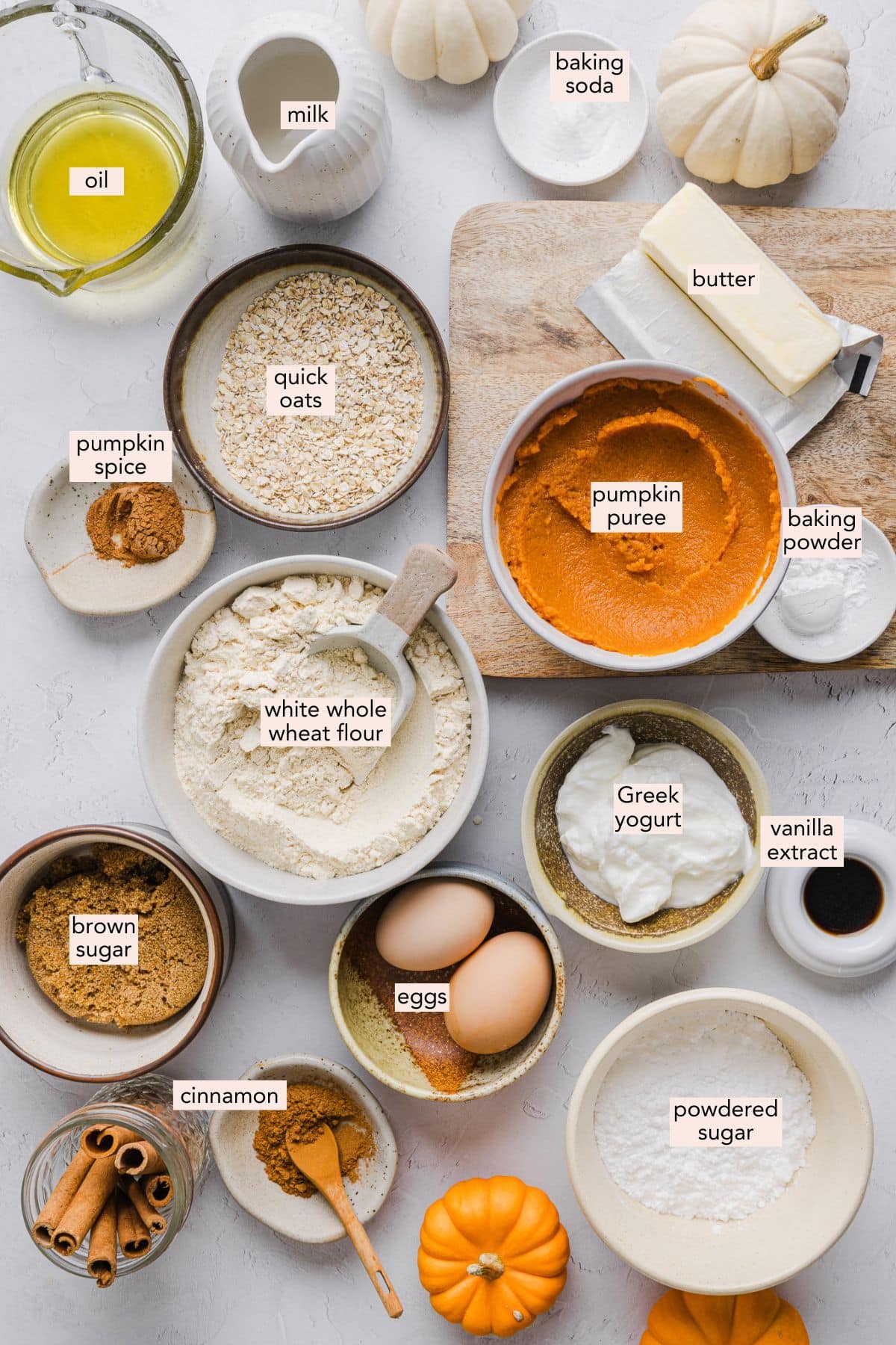Ingredients for pumpkin coffee cake on a countertop with labels.
