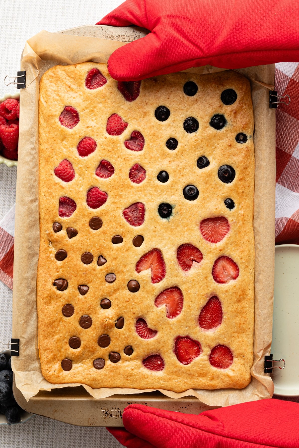Sheet pan protein pancakes baked on a baking sheet.