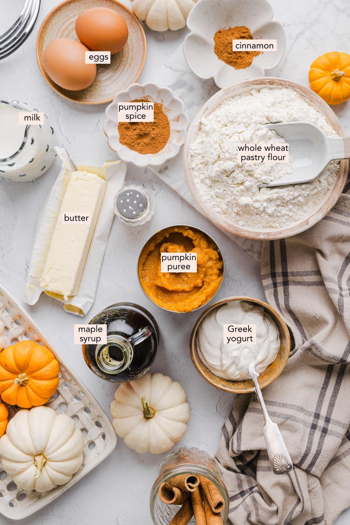 Healthy pumpkin pie ingredients on a countertop with labels.