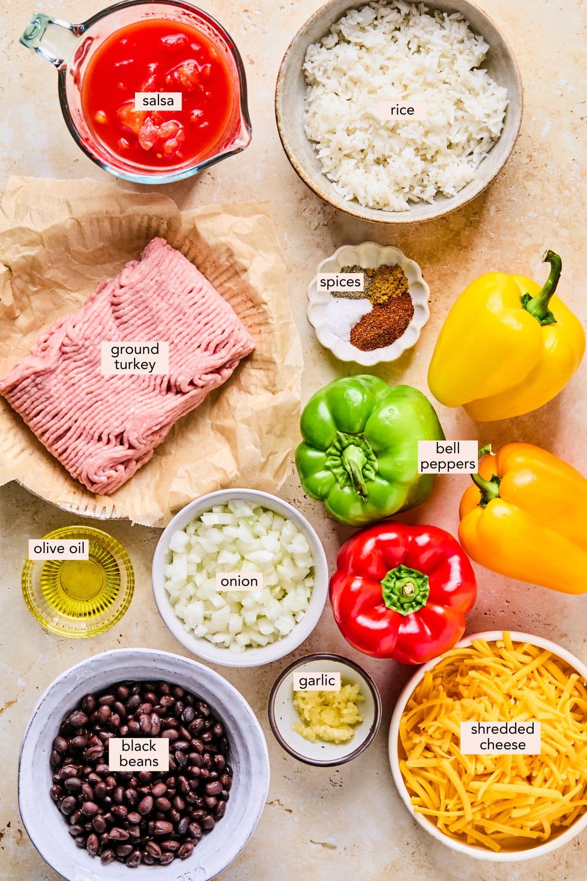 Ingredients for bell pepper nachos on a countertop with labels.