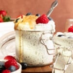 Protein chia pudding topped with nut butter and berries.