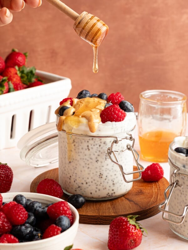 Protein chia pudding topped with nut butter and berries.