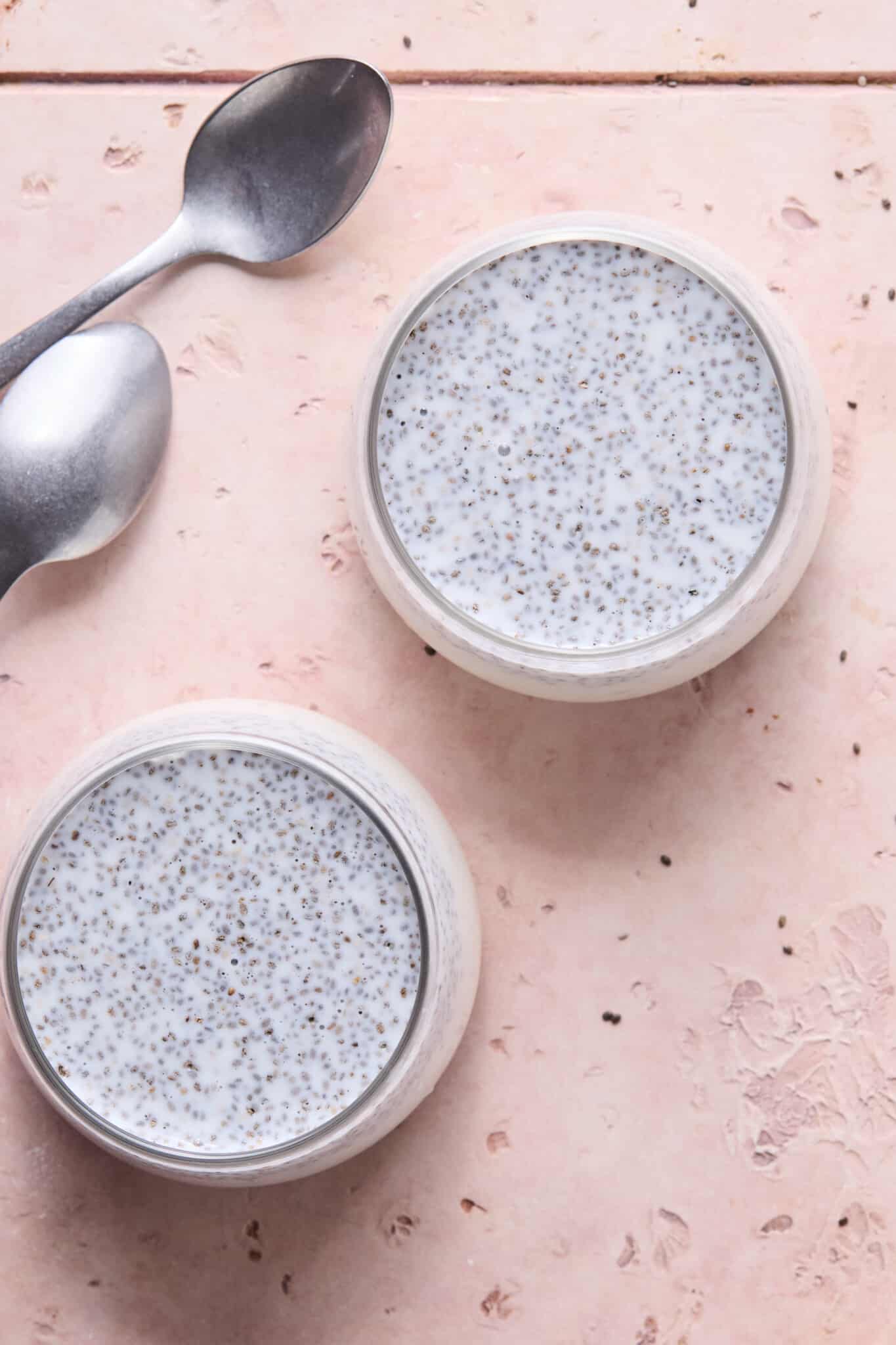 Coconut chia pudding in individual serving containers.