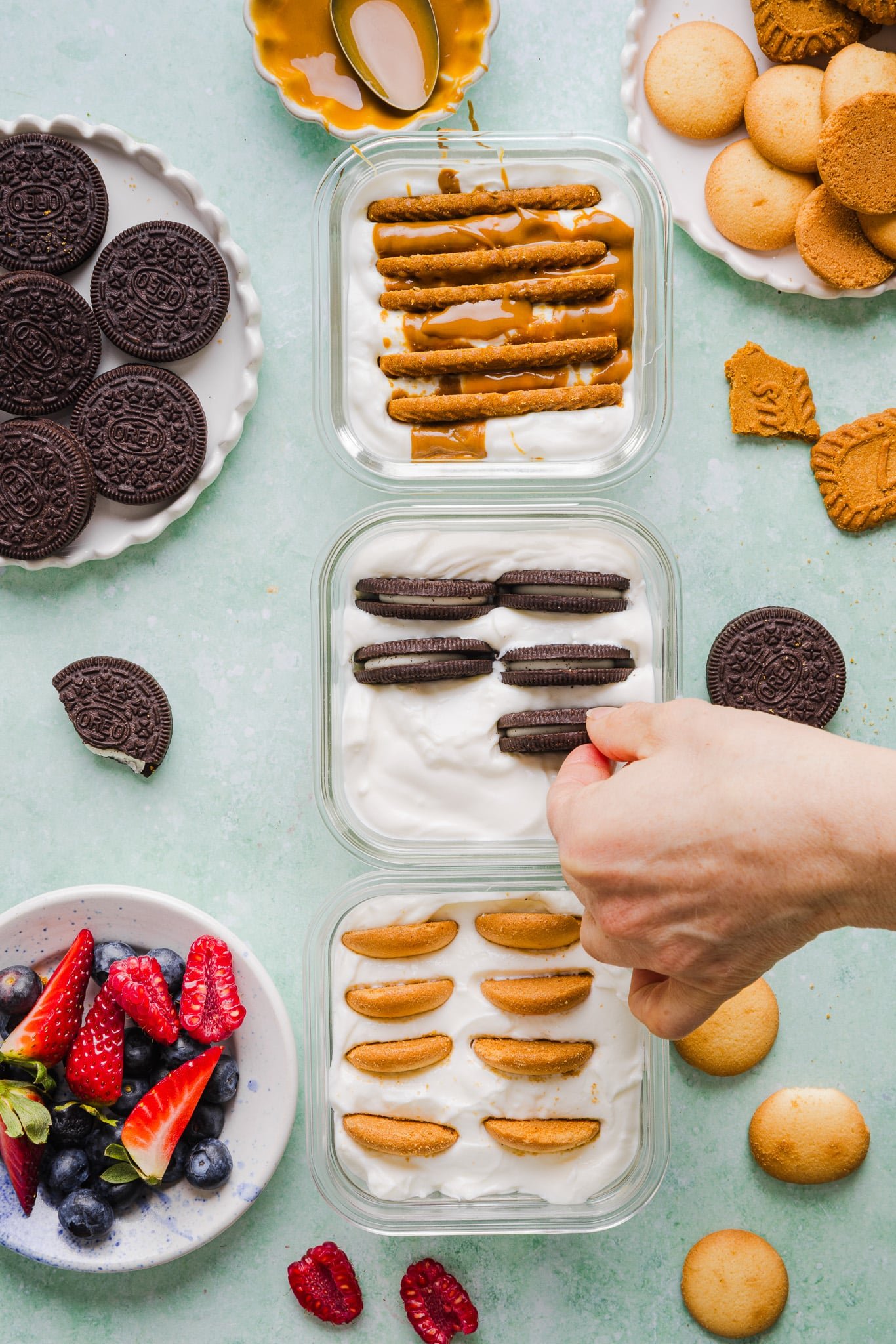 2 ingredient yogurt cheesecakes being set up in containers.