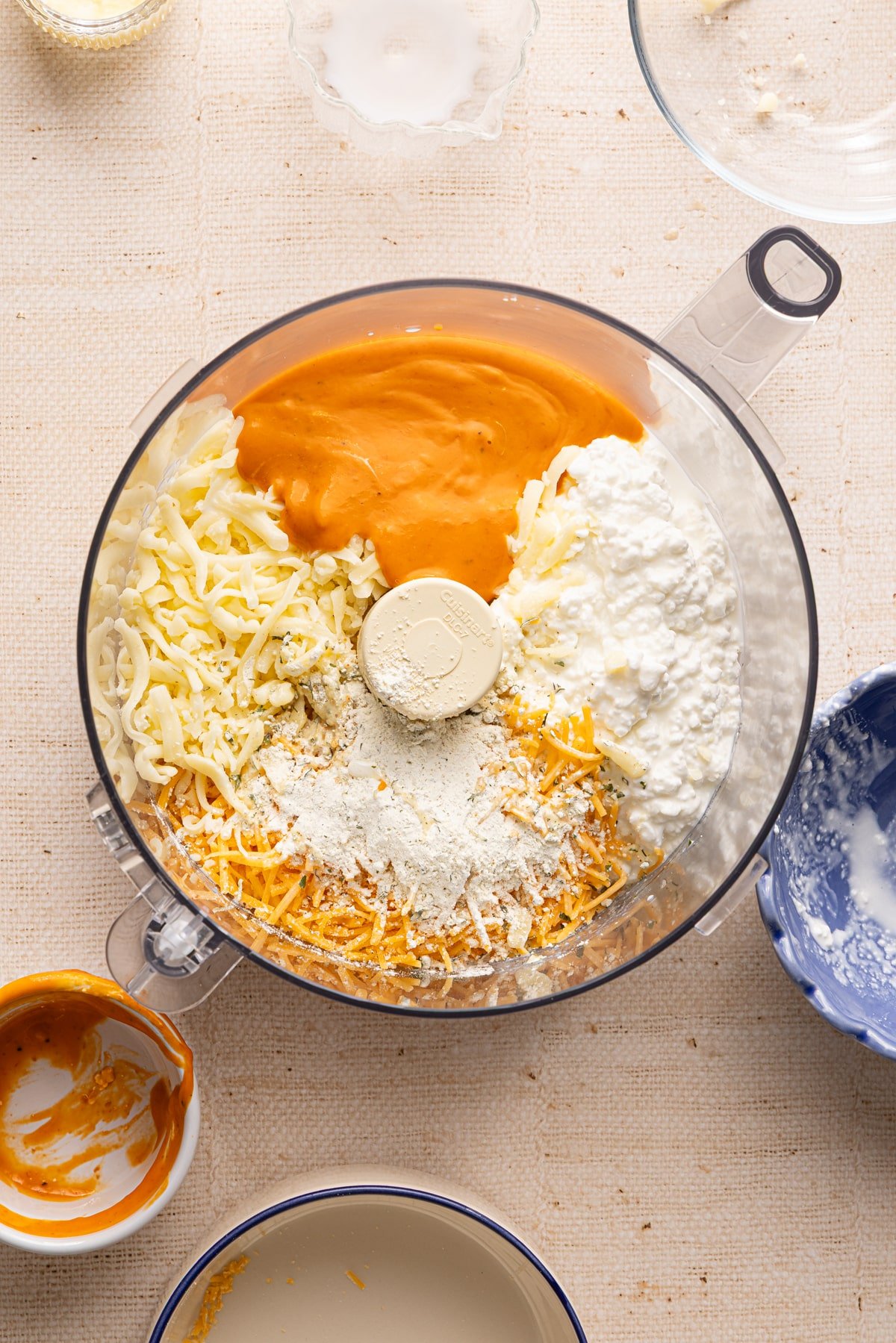 Cottage cheese, cheese and buffalo sauce in a food processor.