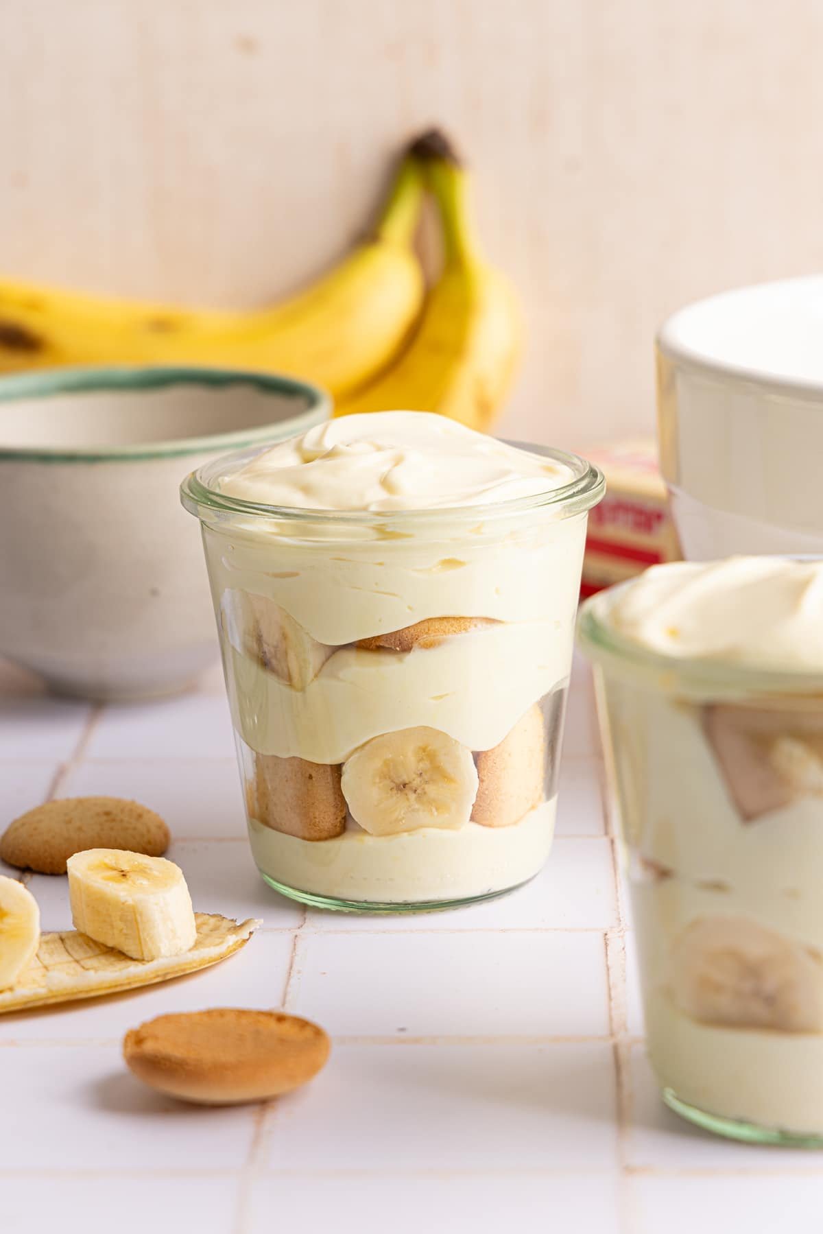 High protein banana pudding assembled in a jar.