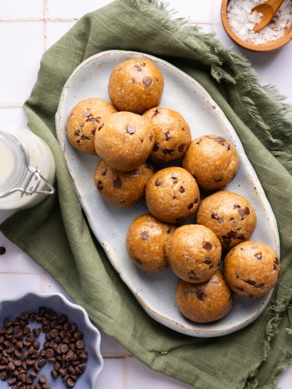 Cookie dough protein balls on a platter.
