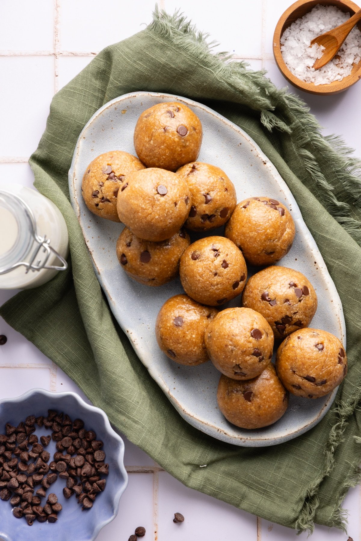 Cookie dough protein balls on a platter.