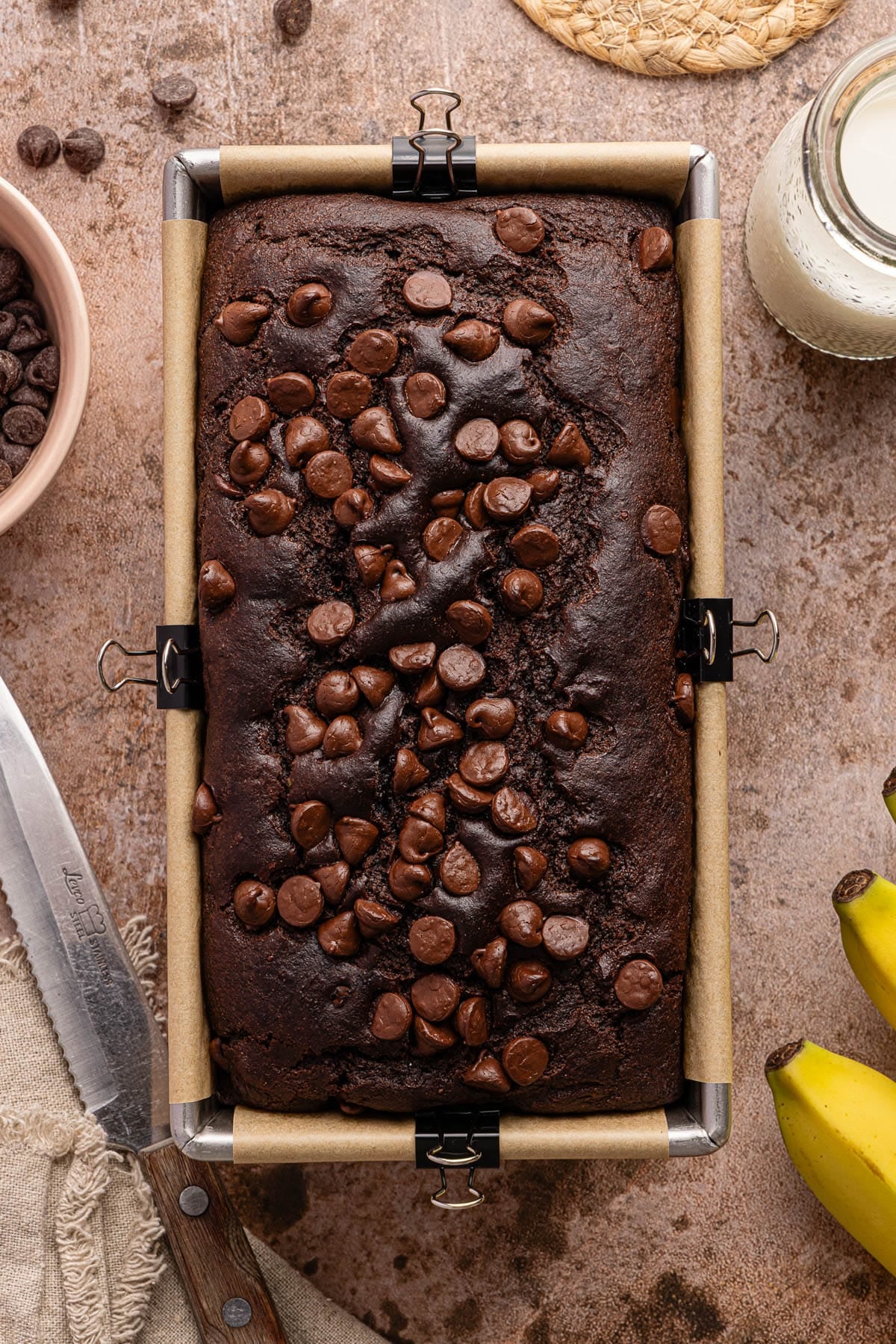 The baked double chocolate banana bread on a countertop after cooled.